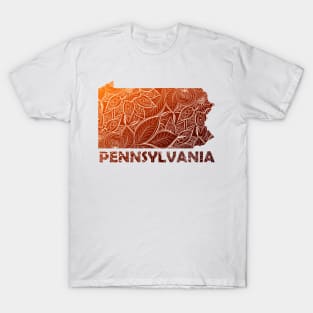 Colorful mandala art map of Pennsylvania with text in brown and orange T-Shirt